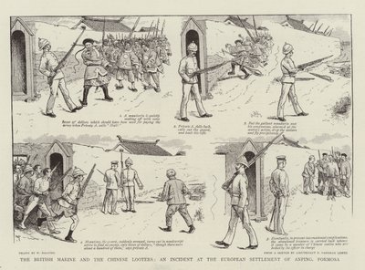 Brytyjska piechota morska i chińscy szabrownicy, incydent w europejskiej osadzie Anping, Formosa autorstwa William Ralston
